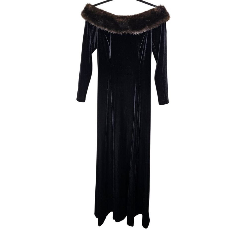 Vintage 90s Cachet 6 Black Velvet Fur Off the Shoulder Formal Gown Full Length